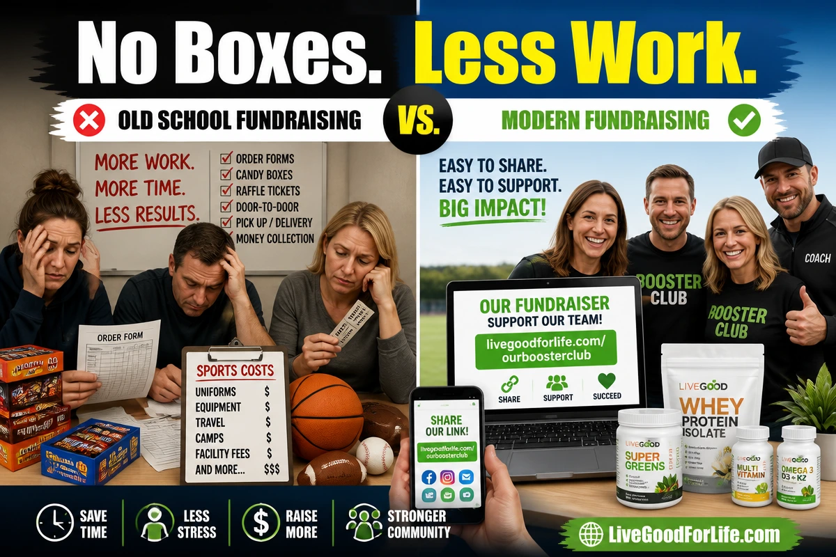 Booster club fundraiser without boxes or paper forms compared with online wellness fundraiser