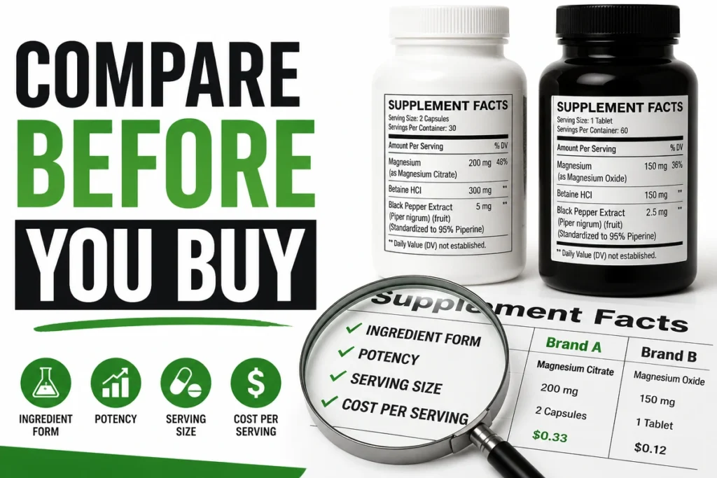 Comparing wellness supplement labels for ingredient form potency serving size and cost