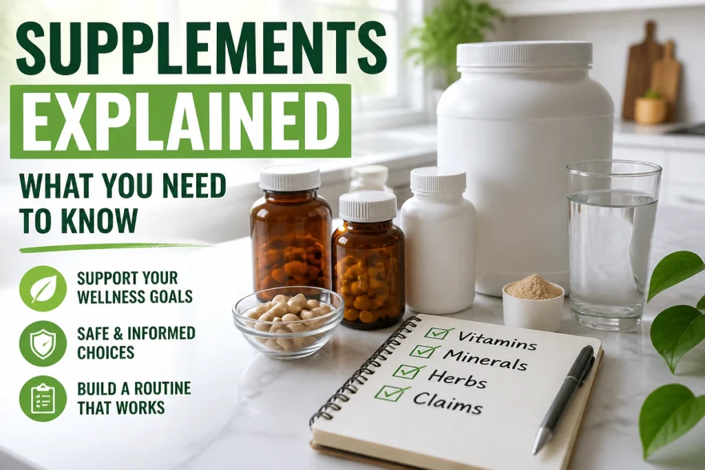Health wellness supplements including vitamins capsules powders and label comparison notes