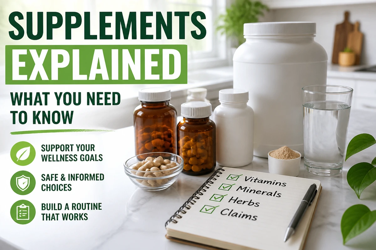 Health wellness supplements including vitamins capsules powders and label comparison notes