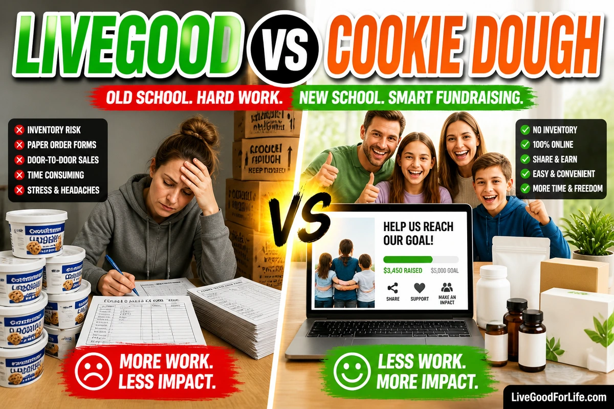 LiveGood fundraiser vs cookie dough fundraiser comparison with online wellness fundraiser and old-style order forms