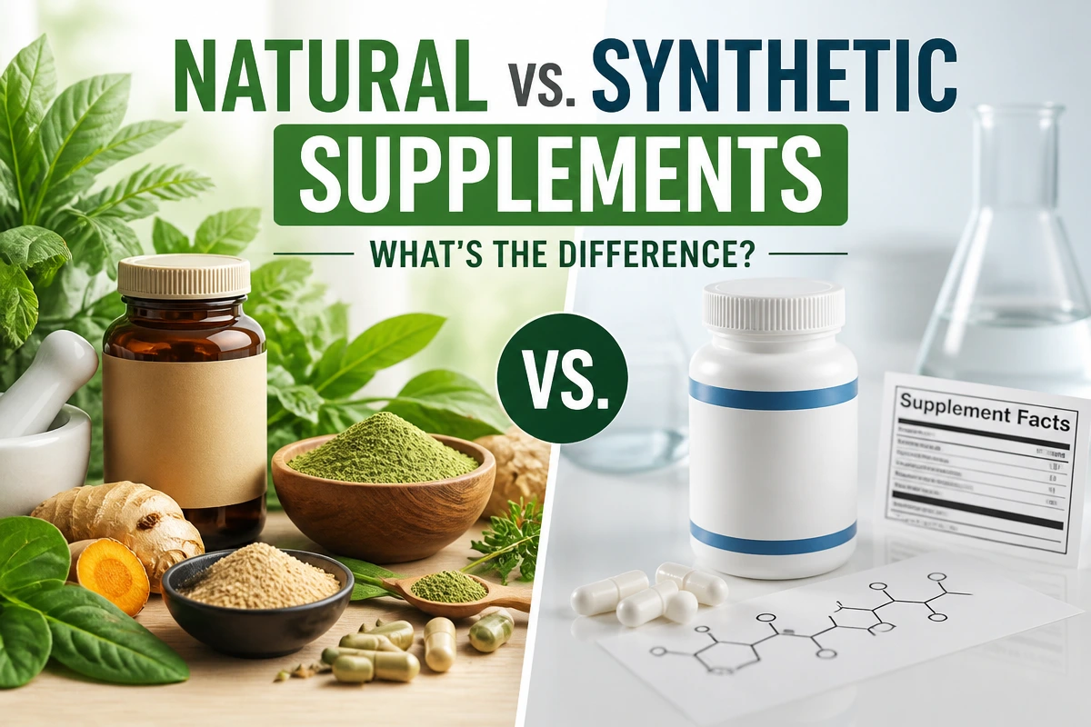 Natural wellness supplements compared with synthetic supplements using herbs capsules and label notes