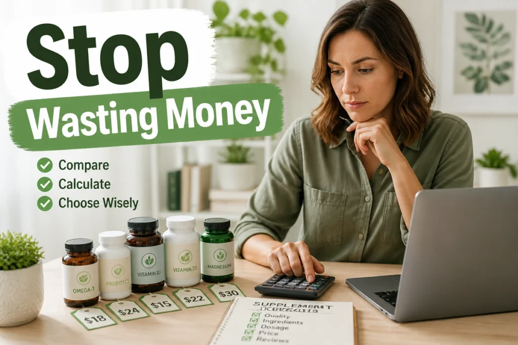 Person comparing wellness supplements online to avoid wasting money