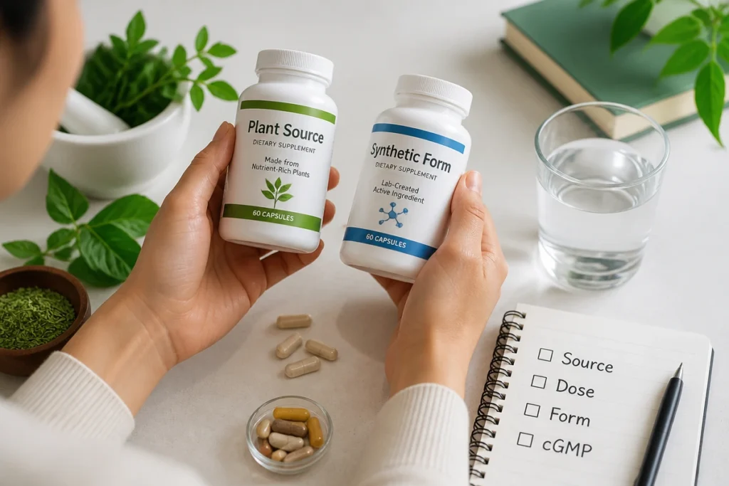 Supplement facts label showing source dose ingredient form and manufacturing standard comparison