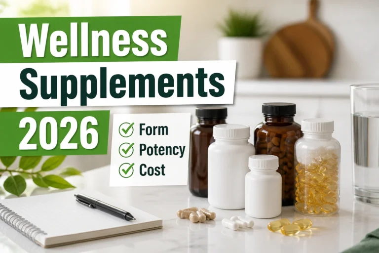 Wellness supplements in 2026 with supplement bottles, capsules, and a cost comparison checklist