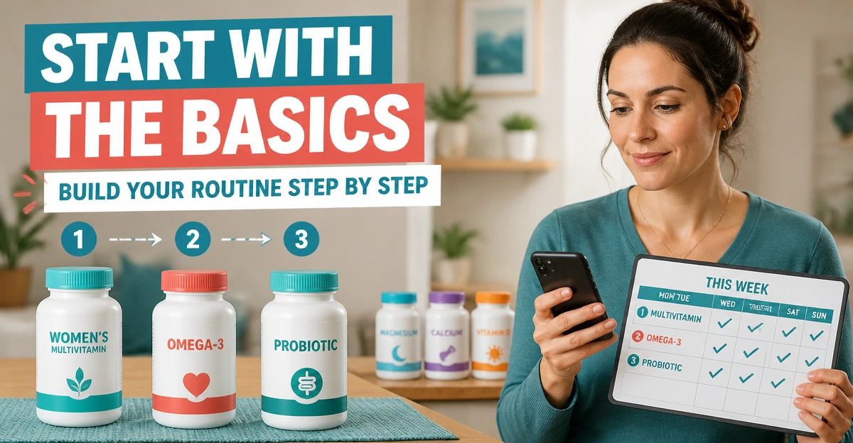 Multivitamin, omega-3 and probiotic arranged as possible stages in a beginner women’s supplement routine