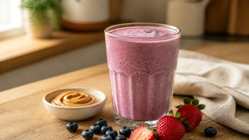 Pink-purple berry protein shake in a clear glass beside strawberries, blueberries and peanut butter on a wooden table.