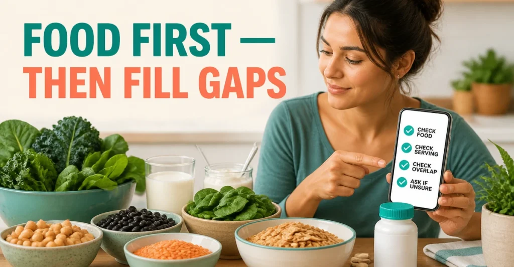 Food-first checklist comparing dietary sources and supplement labels for iron, calcium and folate.