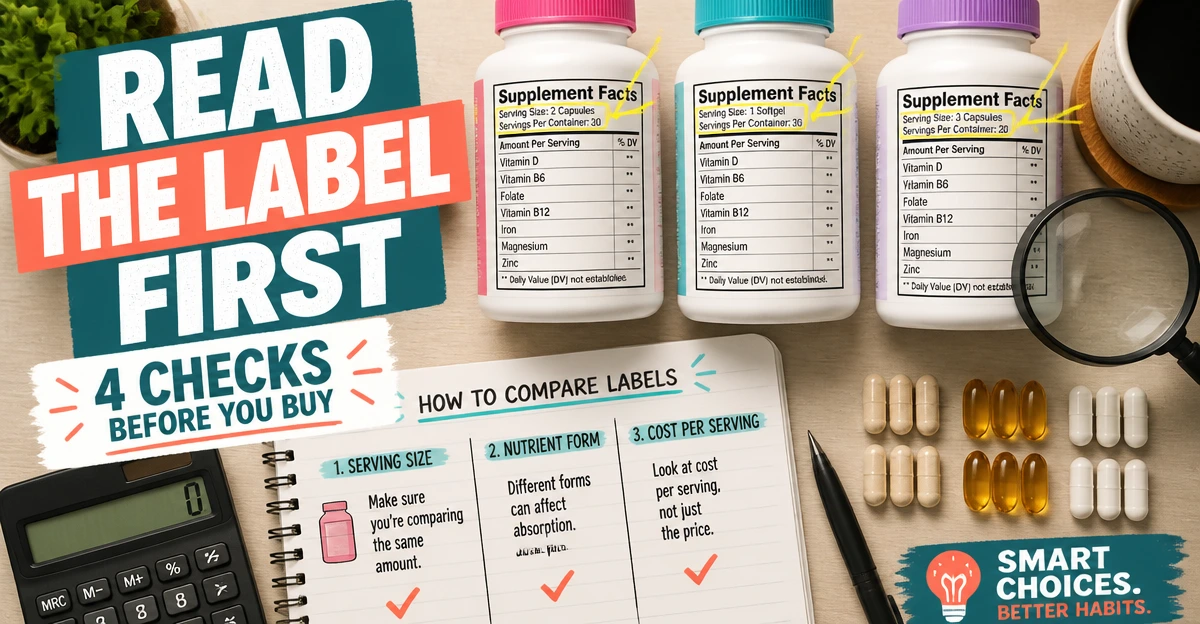 Supplement bottles, labels and a calculator illustrating how to compare women’s supplement labels