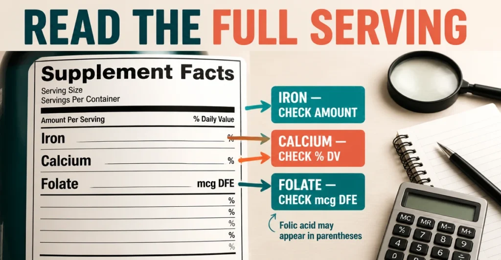 Supplement Facts panel highlighting where to find iron, calcium and folate amounts per serving.