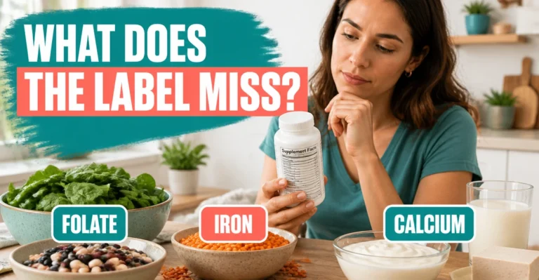 Woman comparing iron, calcium and folate amounts on a women’s supplement label.