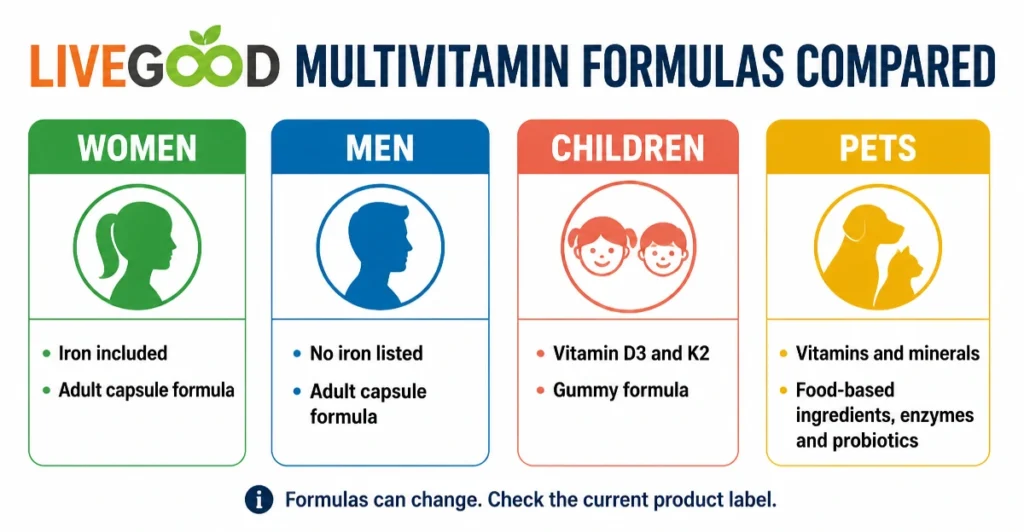 LiveGood multivitamin formulas for women, men, children and pets compared