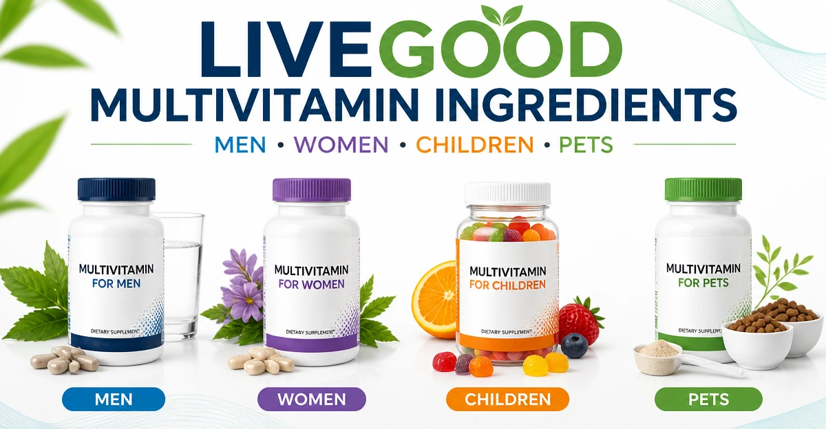 LiveGood multivitamin ingredients comparison for men, women, children and pets
