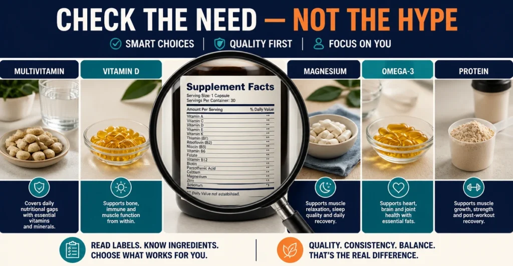 Comparison of common men’s supplements including multivitamins, magnesium, vitamin D, omega-3 and protein.