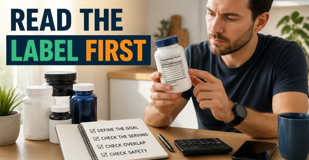 Man checking supplement serving sizes, ingredient overlap, evidence and safety warnings.