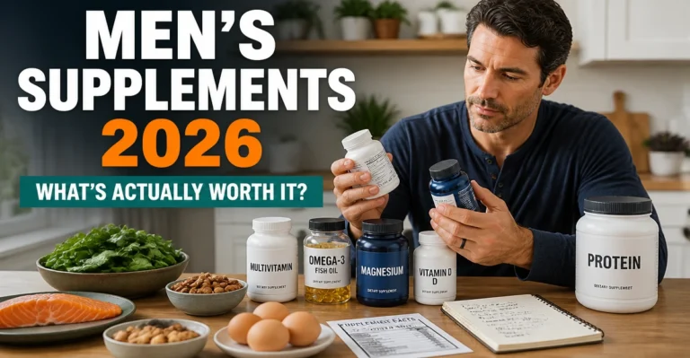 Man comparing multivitamin, vitamin D, magnesium, omega-3 and protein supplement labels.