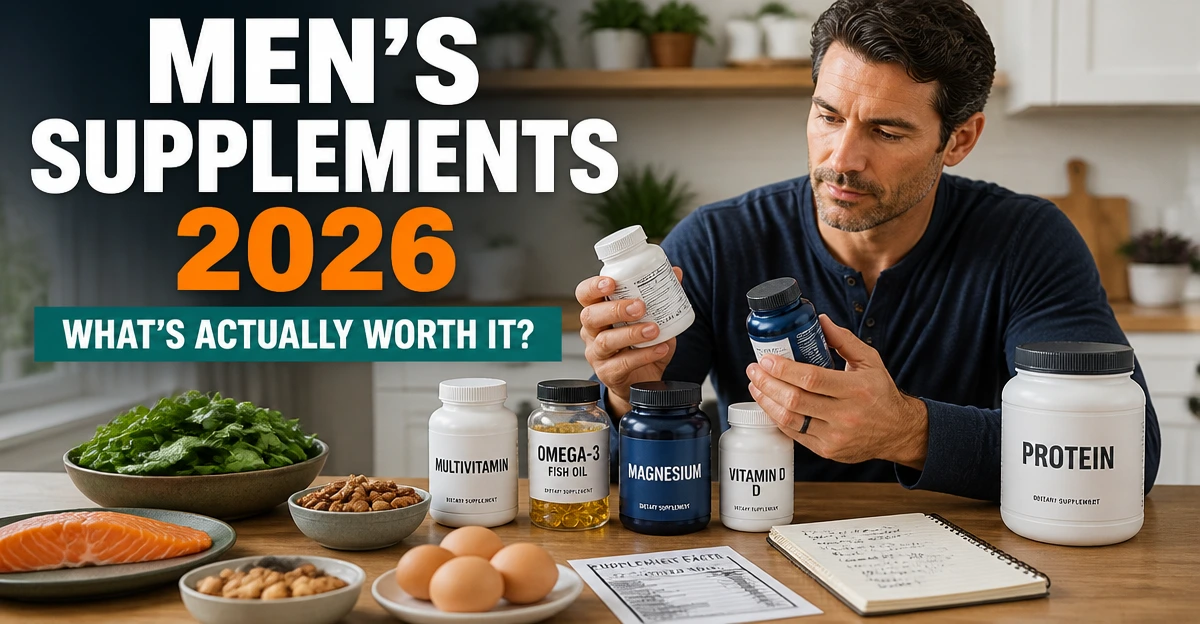 Man comparing multivitamin, vitamin D, magnesium, omega-3 and protein supplement labels.