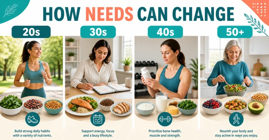 Visual comparison of nutrition considerations for women in their 20s, 30s, 40s and after 50.