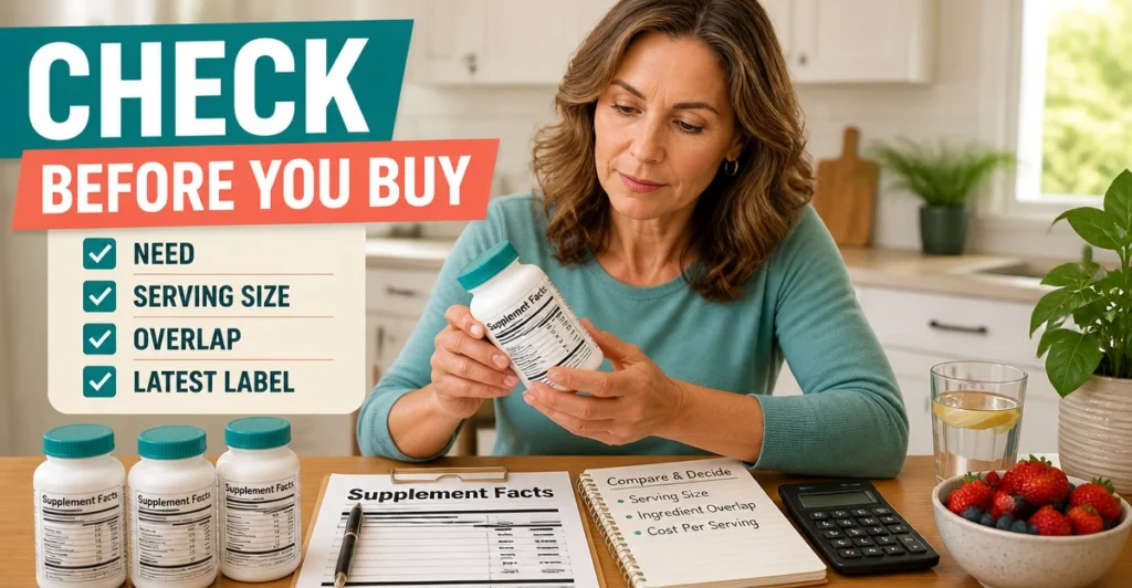 Woman checking supplement labels, serving sizes and ingredient overlap before building a routine.
