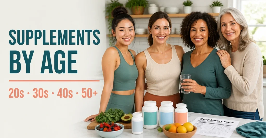 Women in their 20s, 30s, 40s and later life comparing supplements for different life stages.