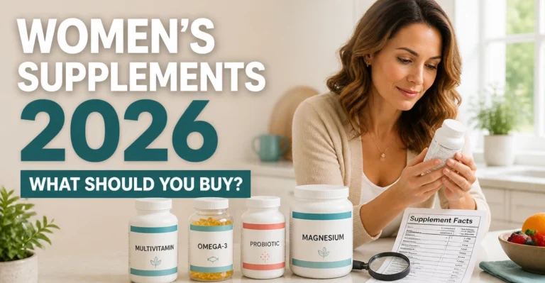 Woman comparing multivitamin, omega-3, probiotic and magnesium supplement labels for a 2026 buying guide.
