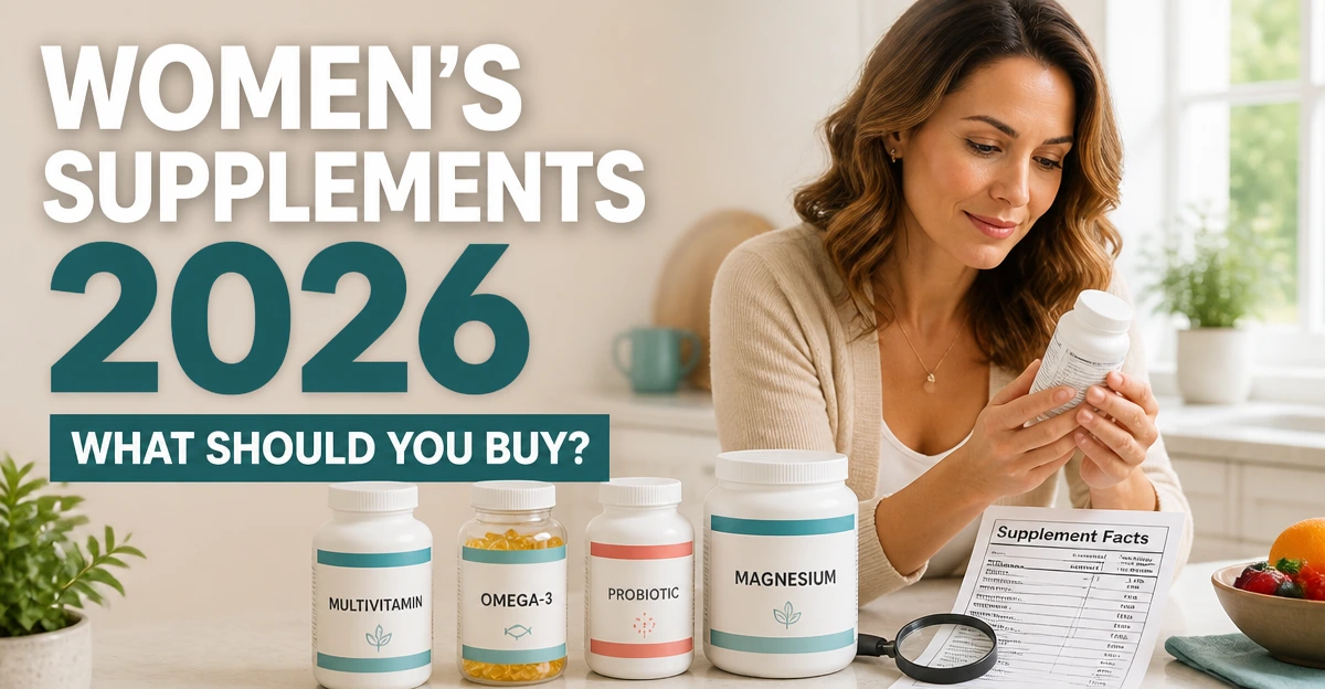 Woman comparing multivitamin, omega-3, probiotic and magnesium supplement labels for a 2026 buying guide.